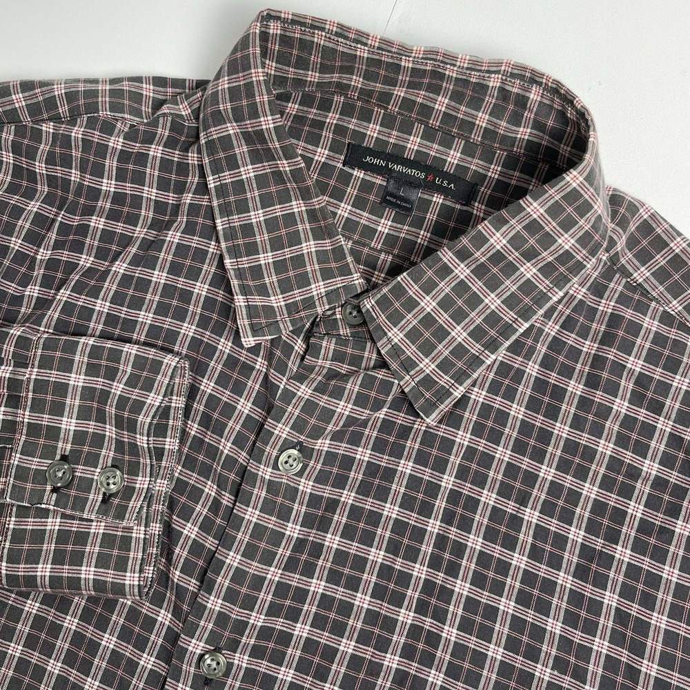 John Varvatos Mens‎ Large Plaid Black Red Long Sleeve Collared Button Up USA